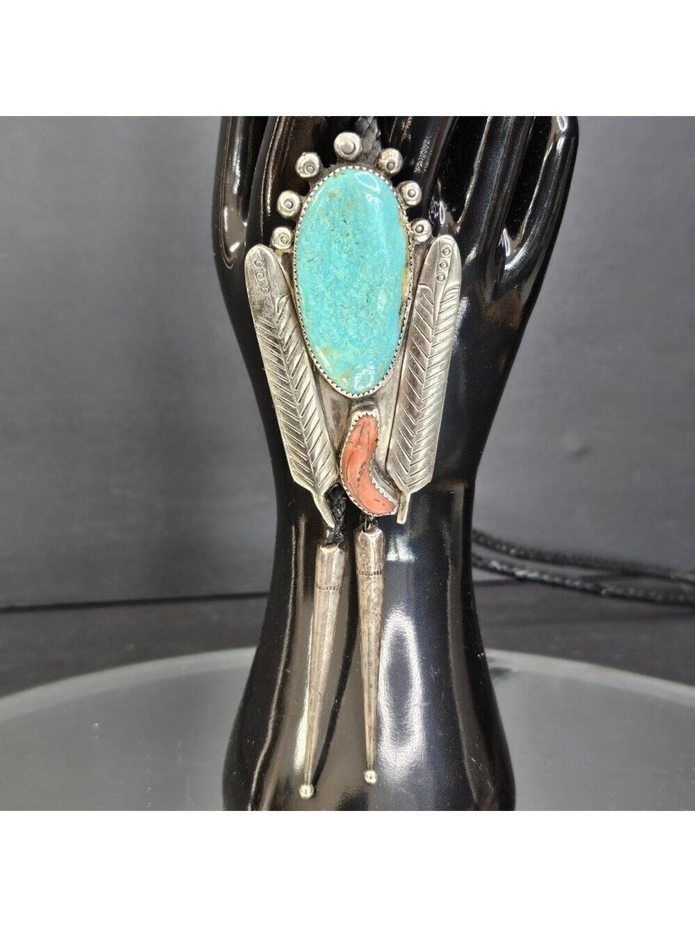 Navajo Turquoise And Coral Sterling Silver Bolo Tie Signed. USA Native American